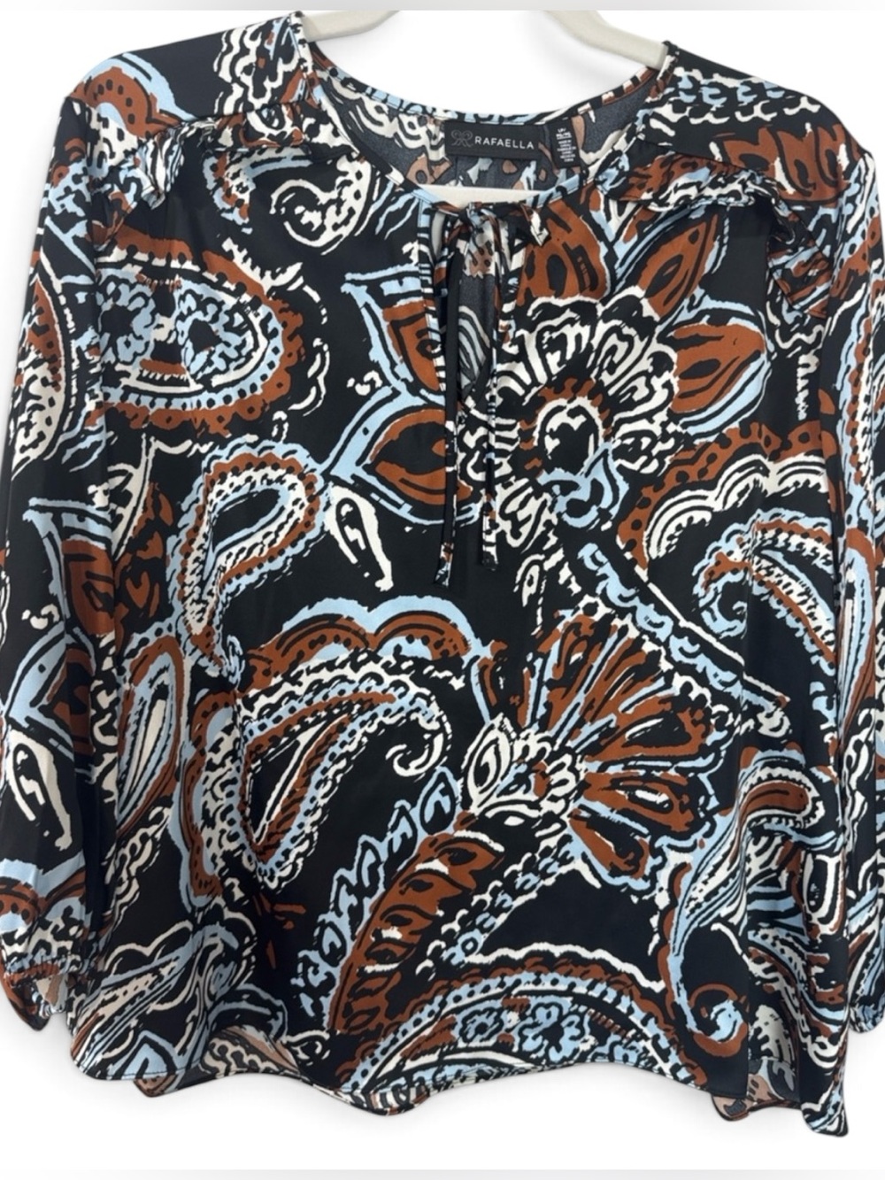 Rafaella Black Paisley Tie-Neck Black Blouse w/ Rust and Light Blue Accents - LP